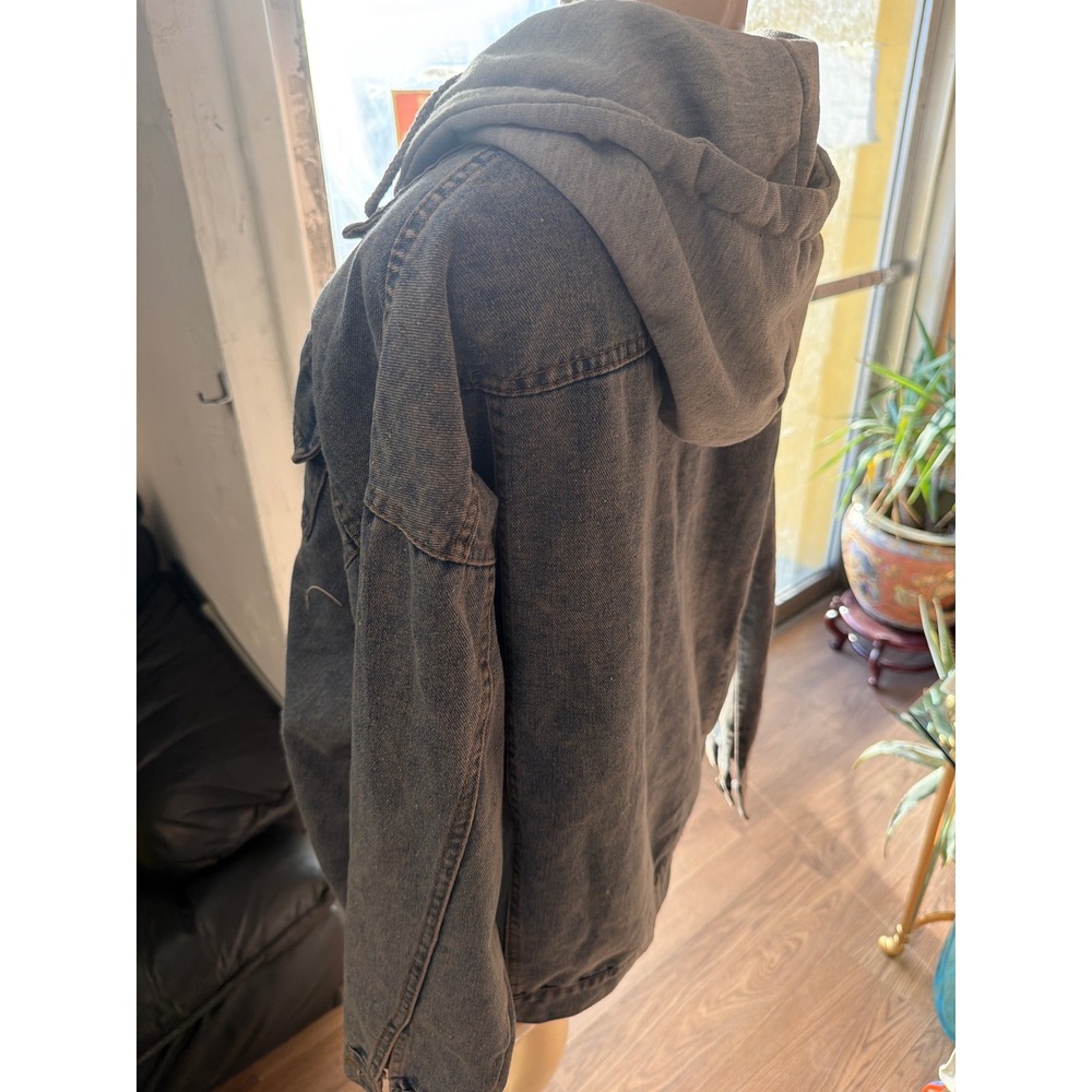 Amy Denim Jacket with Grey Hood Medium Wash Button Up Layered Look Streetwear - Picture 4 of 8